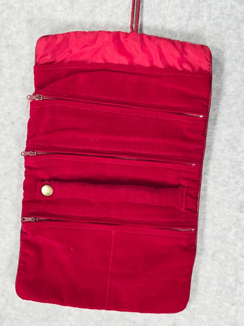 Vintage Red Velvet Jewelry Roll Organizer Travel Case Pouch Zipper Pockets etc